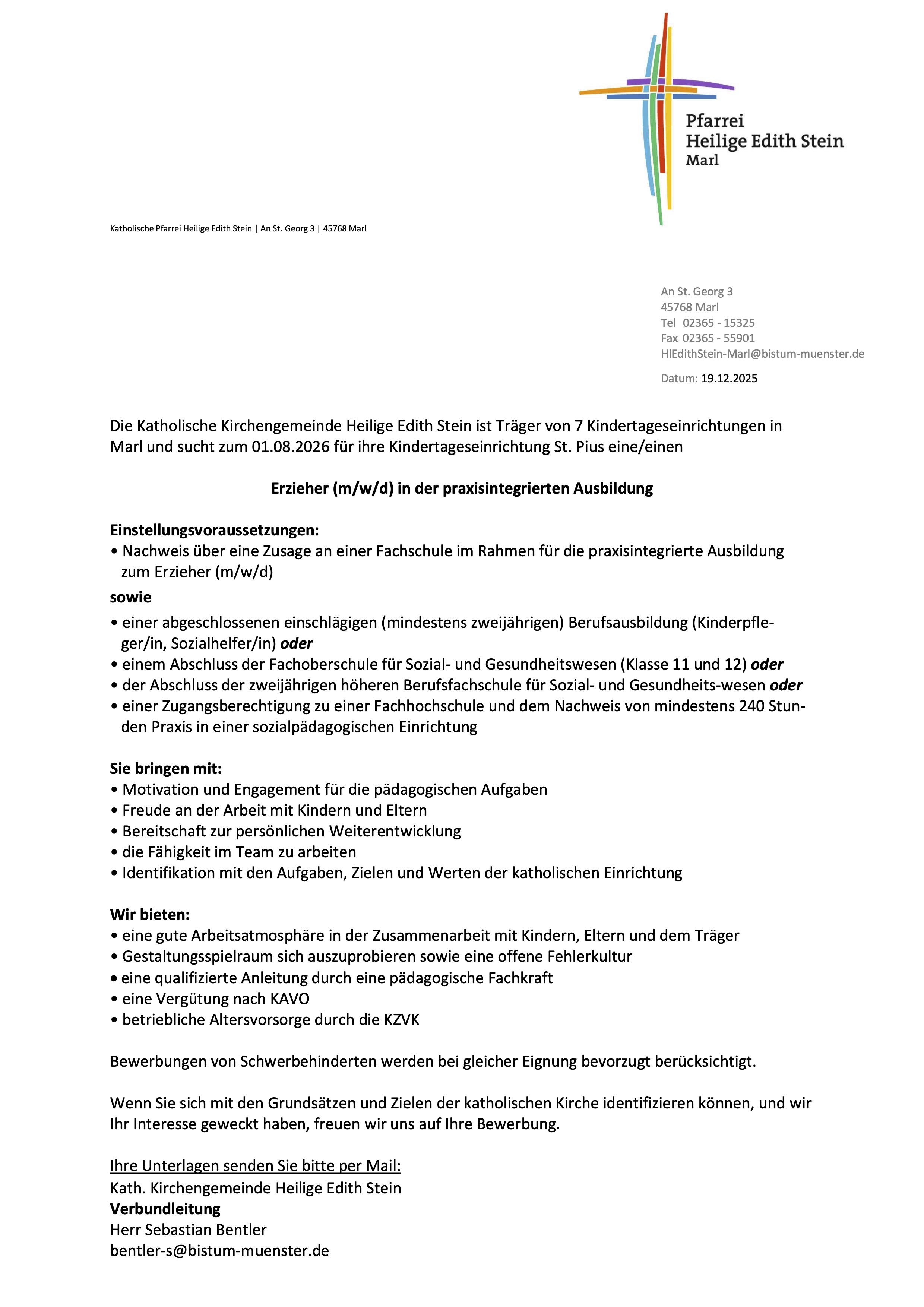 Stellenanzeige HES PIA St. Pius Dez. 25